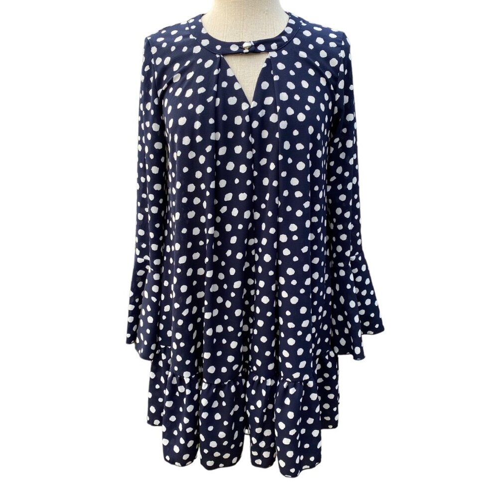 Navy Blue Polka Dots Mini Dress Tunic Top Women Size M  Bell Long Sleeve Cut Out - Picture 2 of 15